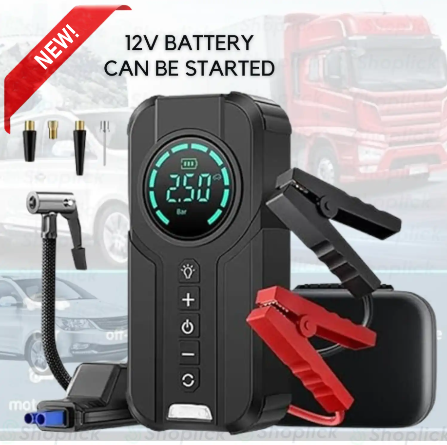 4-in-1 Car Essential: Jump Starter, Air Pump, Power Bank and Flashlight!