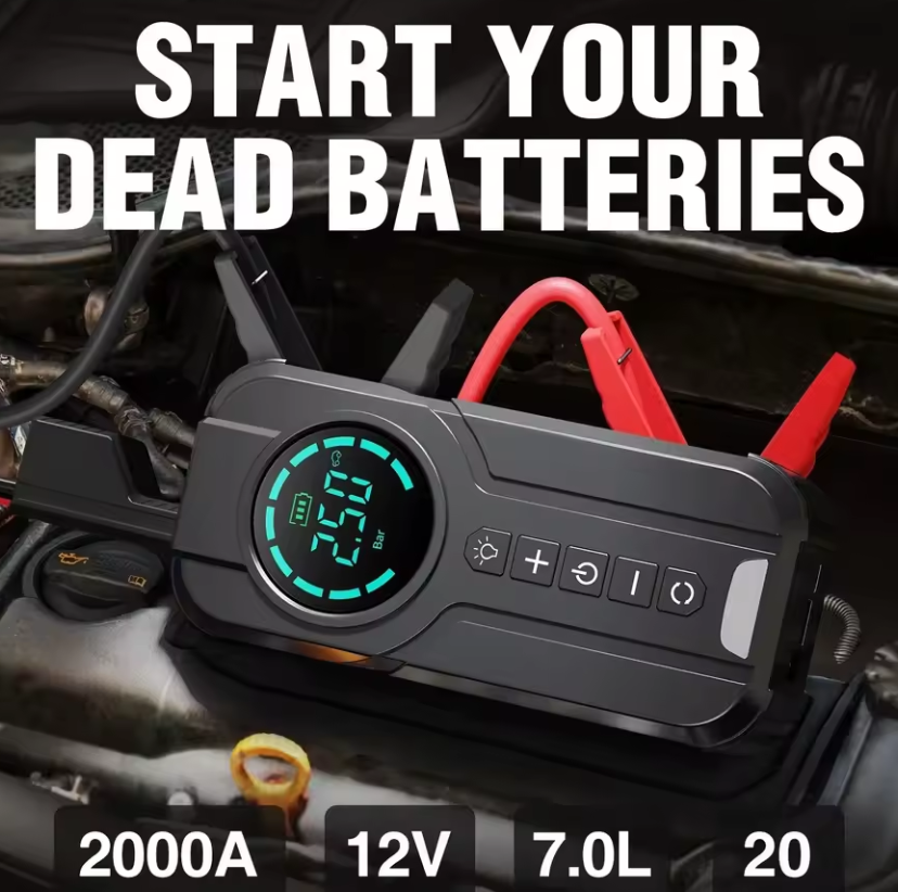 4-in-1 Car Essential: Jump Starter, Air Pump, Power Bank and Flashlight!