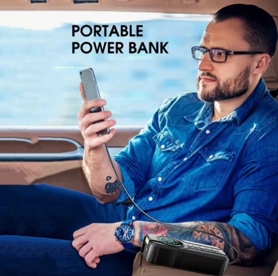 4-in-1 Car Essential: Jump Starter, Air Pump, Power Bank and Flashlight!