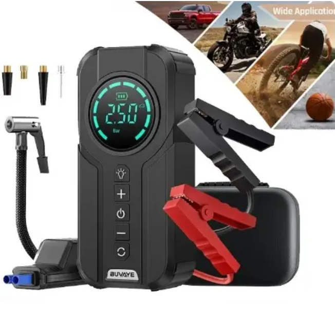4-in-1 Car Essential: Jump Starter, Air Pump, Power Bank and Flashlight!